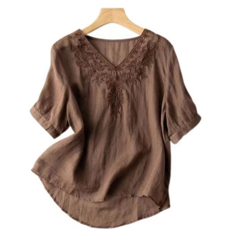 Casual Embroidery Floral Women's V-Neck Design Half Sleeve Cotton Shirt