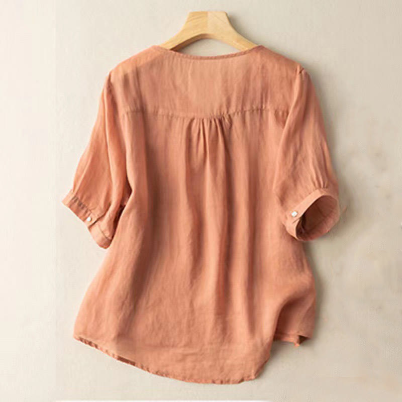 Casual Embroidery Floral Women's V-Neck Design Half Sleeve Cotton Shirt