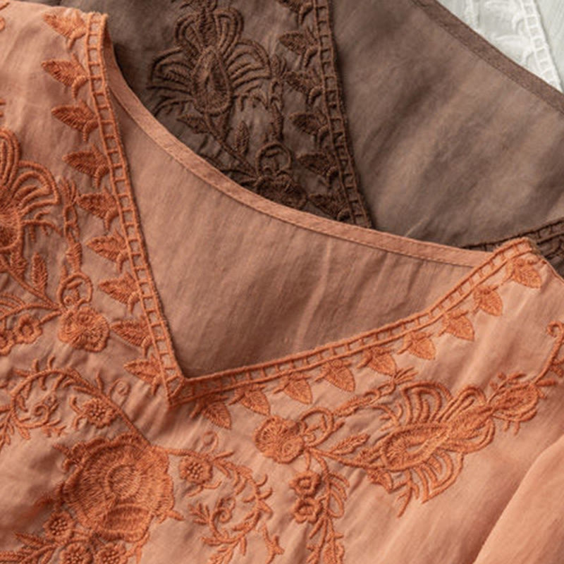 Casual Embroidery Floral Women's V-Neck Design Half Sleeve Cotton Shirt