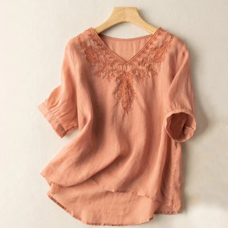 Casual Embroidery Floral Women's V-Neck Design Half Sleeve Cotton Shirt