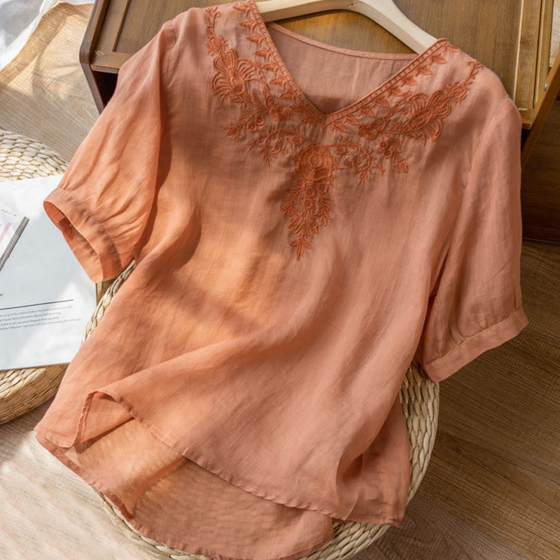 Casual Embroidery Floral Women's V-Neck Design Half Sleeve Cotton Shirt