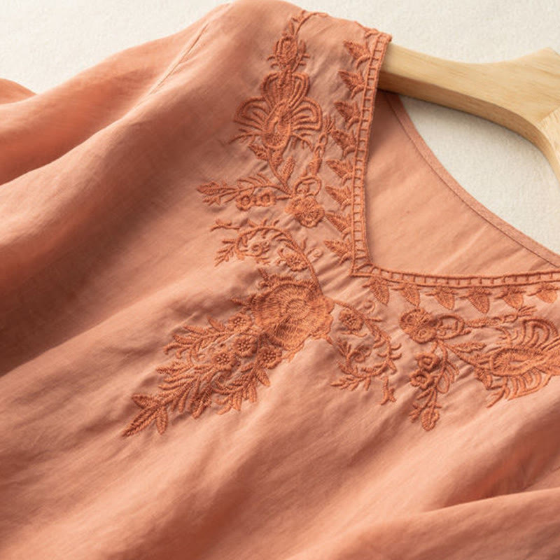 Casual Embroidery Floral Women's V-Neck Design Half Sleeve Cotton Shirt