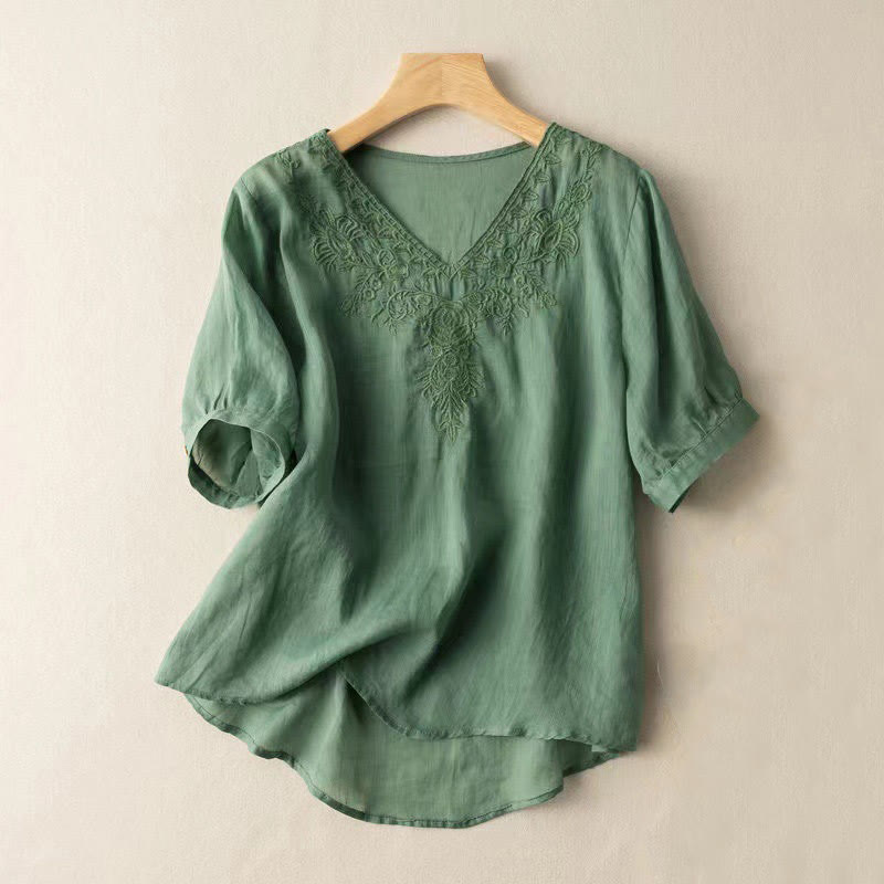 Casual Embroidery Floral Women's V-Neck Design Half Sleeve Cotton Shirt