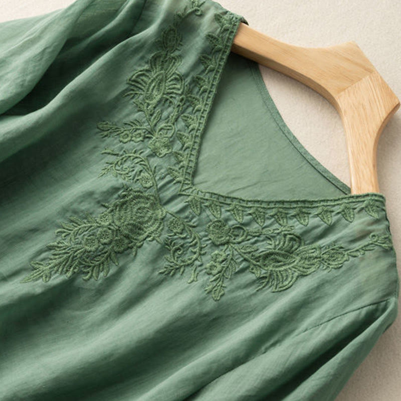 Casual Embroidery Floral Women's V-Neck Design Half Sleeve Cotton Shirt