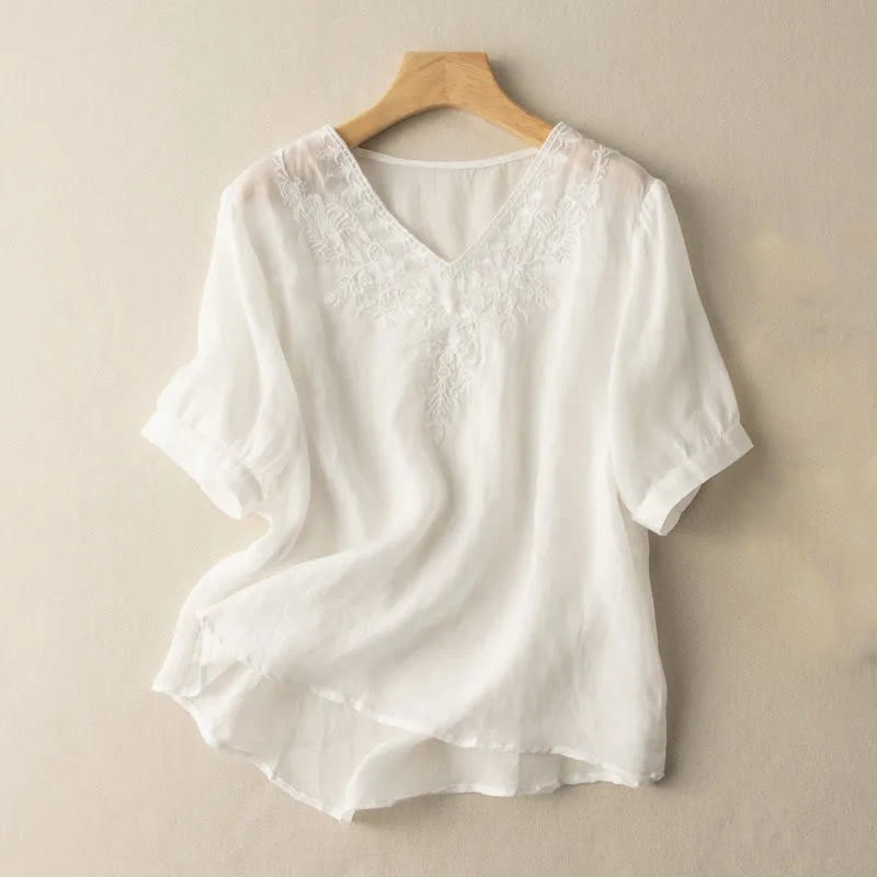 Casual Embroidery Floral Women's V-Neck Design Half Sleeve Cotton Shirt