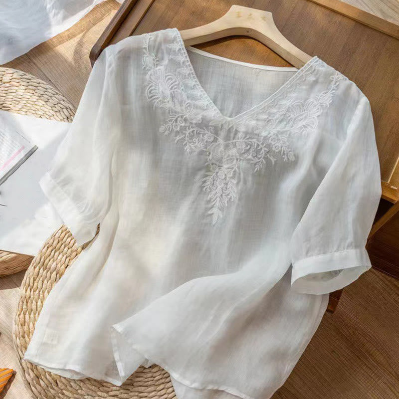 Casual Embroidery Floral Women's V-Neck Design Half Sleeve Cotton Shirt