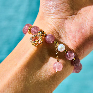 Strawberry Quartz & Pearl Bracelet with Four-Leaf Clover Charm