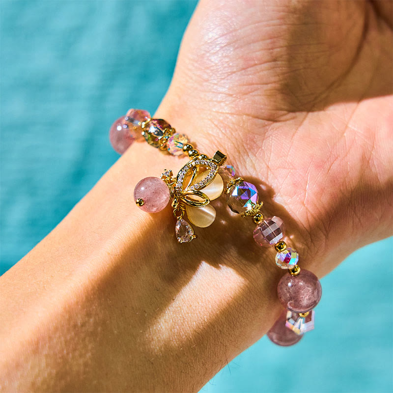Natural Strawberry Quartz & Clear Quartz Butterfly 18K Gold Copper Bracelet