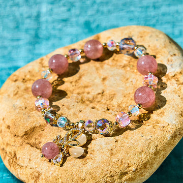 Natural Strawberry Quartz & Clear Quartz Butterfly 18K Gold Copper Bracelet