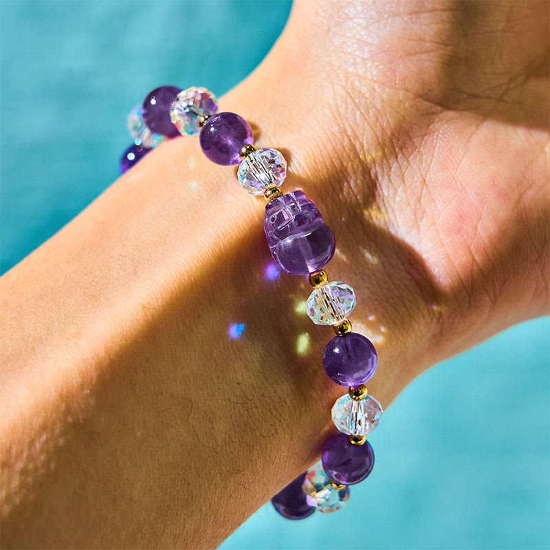 Natural Amethyst & Clear Quartz Gold Copper Pixiu Crystal Beaded Bracelet