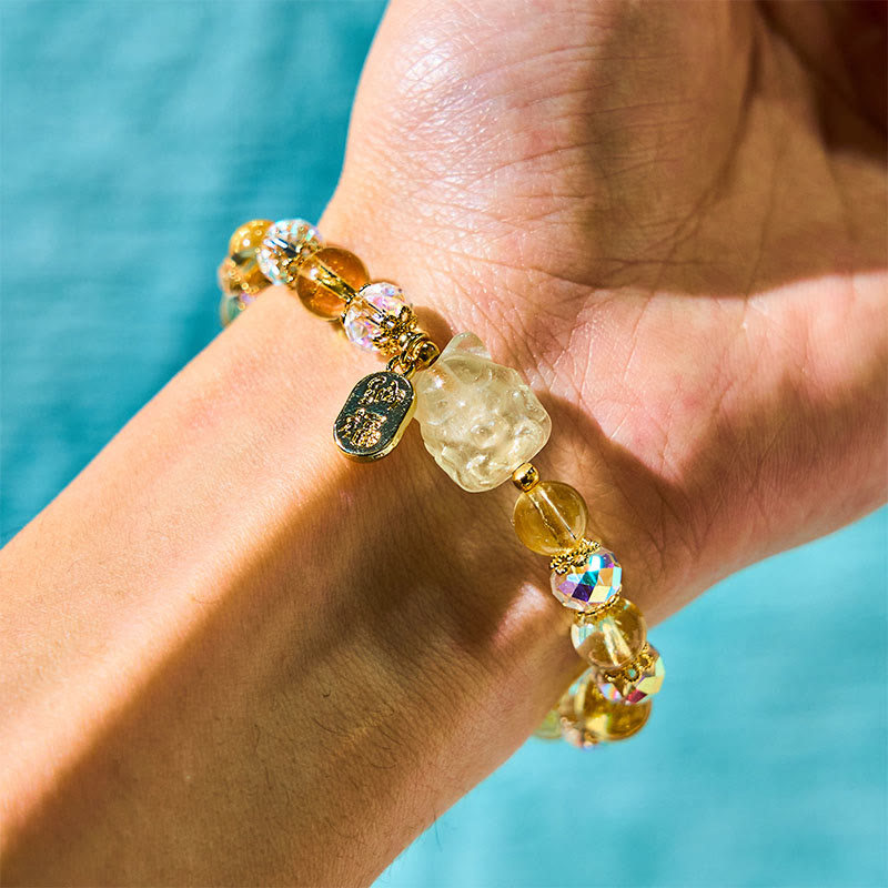 Natural Citrine White Crystal Nine Tailed Fox Attracting Wealth Charm Energy Bracelet