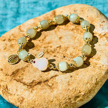 Natural Hetian Jade Beaded Bracelet with Gold Plated Rabbit and Fu Character Charm
