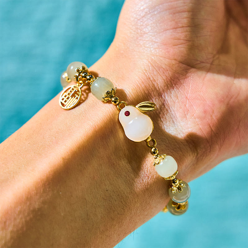 Natural Hetian Jade Beaded Bracelet with Gold Plated Rabbit and Fu Character Charm
