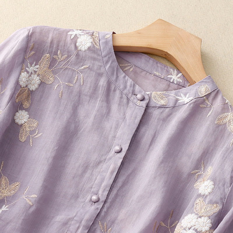 Casual Embroidered Petals Spliced Organza Women's Crew Neck Design Half Sleeve Cotton Cardigan Shirt
