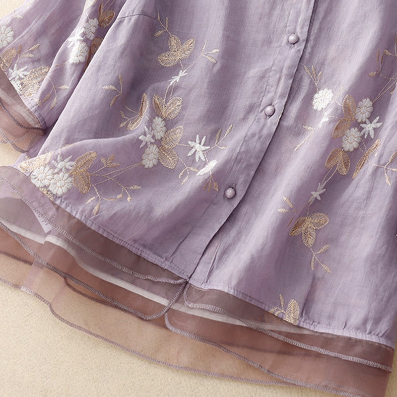 Casual Embroidered Petals Spliced Organza Women's Crew Neck Design Half Sleeve Cotton Cardigan Shirt