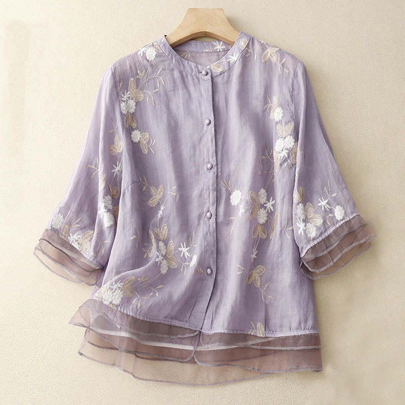 Casual Embroidered Petals Spliced Organza Women's Crew Neck Design Half Sleeve Cotton Cardigan Shirt