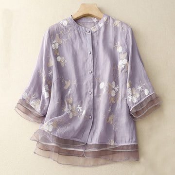Casual Embroidered Petals Spliced Organza Women's Crew Neck Design Half Sleeve Cotton Cardigan Shirt