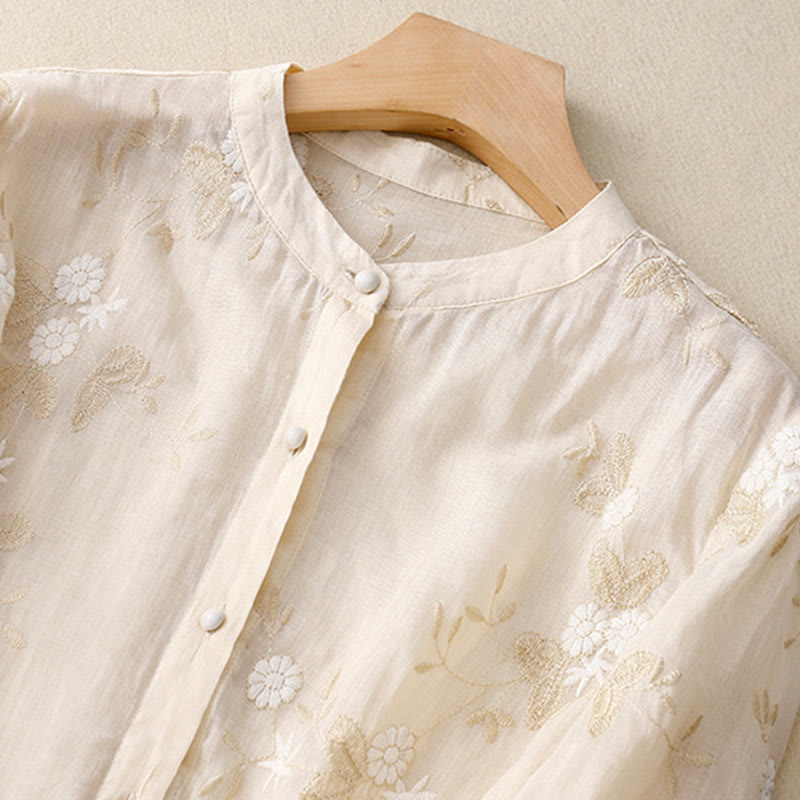 Casual Embroidered Petals Spliced Organza Women's Crew Neck Design Half Sleeve Cotton Cardigan Shirt