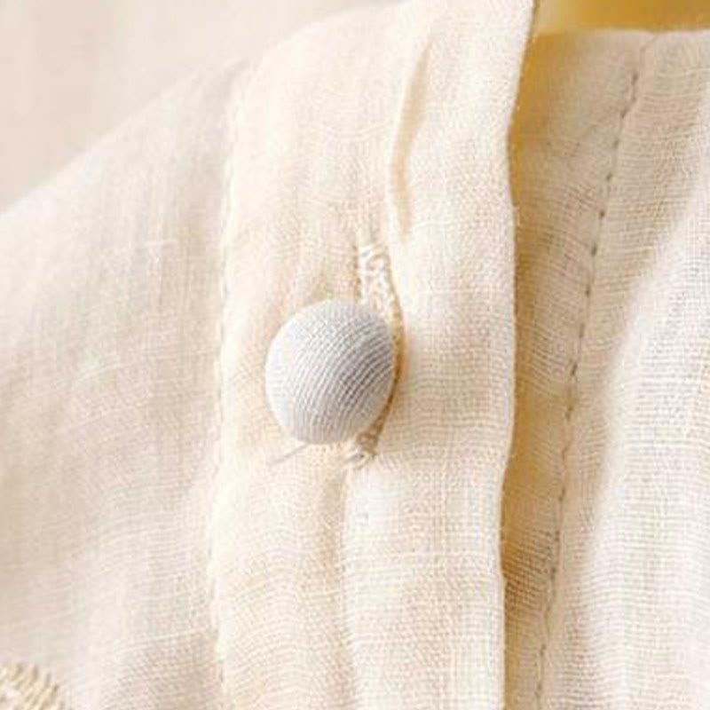 Casual Embroidered Petals Spliced Organza Women's Crew Neck Design Half Sleeve Cotton Cardigan Shirt
