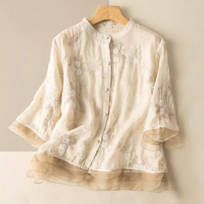 Casual Embroidered Petals Spliced Organza Women's Crew Neck Design Half Sleeve Cotton Cardigan Shirt