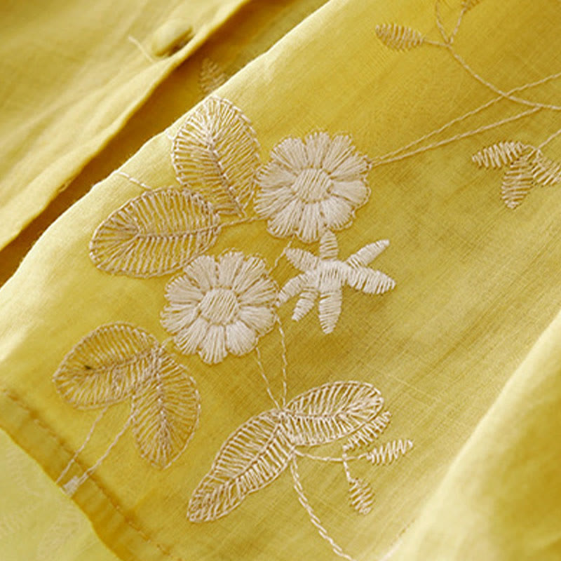 Casual Embroidered Petals Spliced Organza Women's Crew Neck Design Half Sleeve Cotton Cardigan Shirt