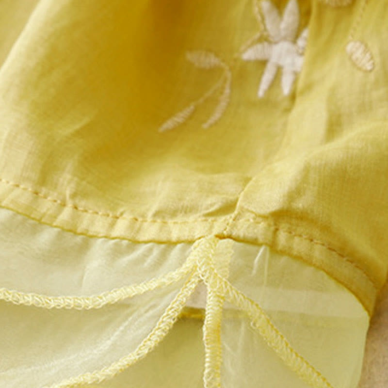 Casual Embroidered Petals Spliced Organza Women's Crew Neck Design Half Sleeve Cotton Cardigan Shirt