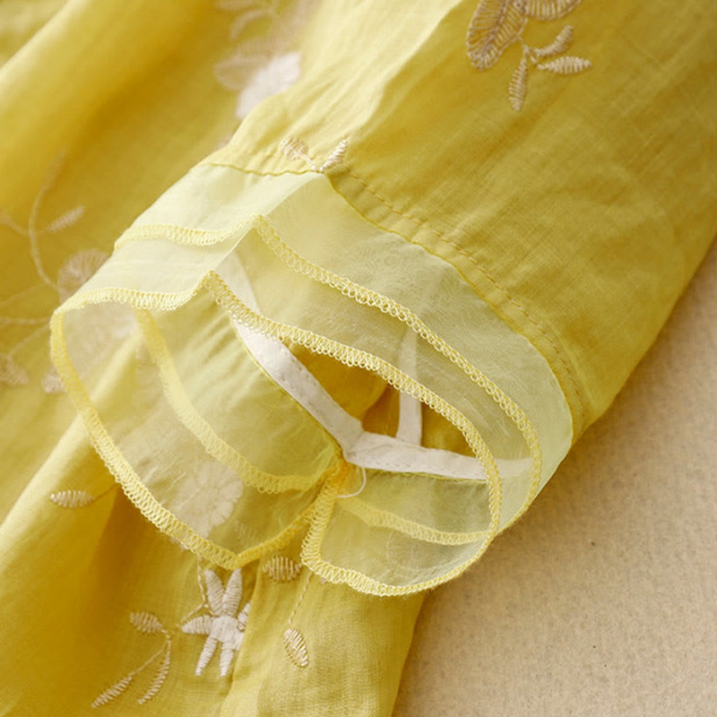 Casual Embroidered Petals Spliced Organza Women's Crew Neck Design Half Sleeve Cotton Cardigan Shirt