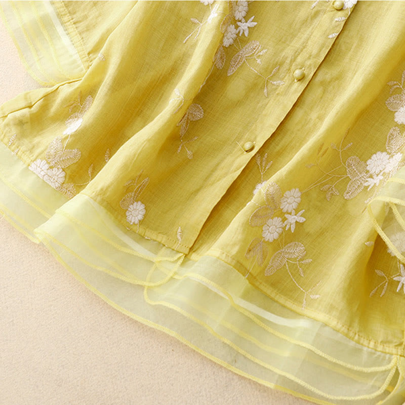 Casual Embroidered Petals Spliced Organza Women's Crew Neck Design Half Sleeve Cotton Cardigan Shirt