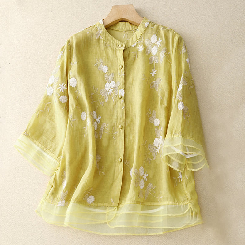 Casual Embroidered Petals Spliced Organza Women's Crew Neck Design Half Sleeve Cotton Cardigan Shirt