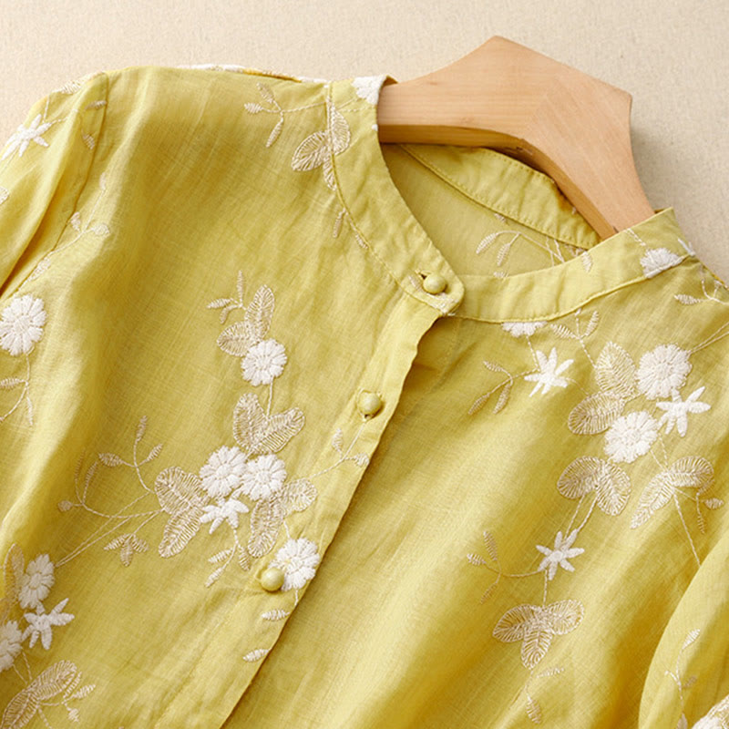 Casual Embroidered Petals Spliced Organza Women's Crew Neck Design Half Sleeve Cotton Cardigan Shirt