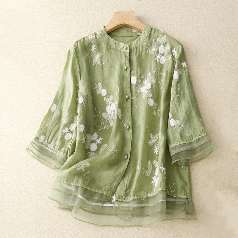 Casual Embroidered Petals Spliced Organza Women's Crew Neck Design Half Sleeve Cotton Cardigan Shirt