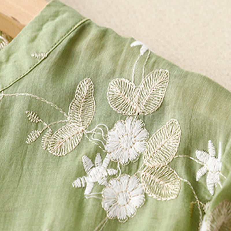 Casual Embroidered Petals Spliced Organza Women's Crew Neck Design Half Sleeve Cotton Cardigan Shirt