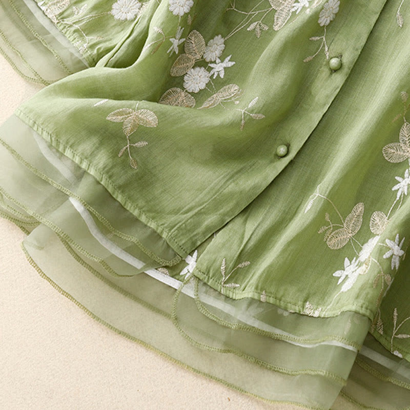 Casual Embroidered Petals Spliced Organza Women's Crew Neck Design Half Sleeve Cotton Cardigan Shirt