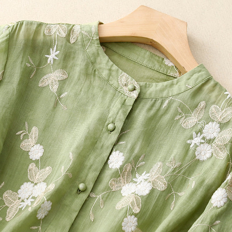 Casual Embroidered Petals Spliced Organza Women's Crew Neck Design Half Sleeve Cotton Cardigan Shirt
