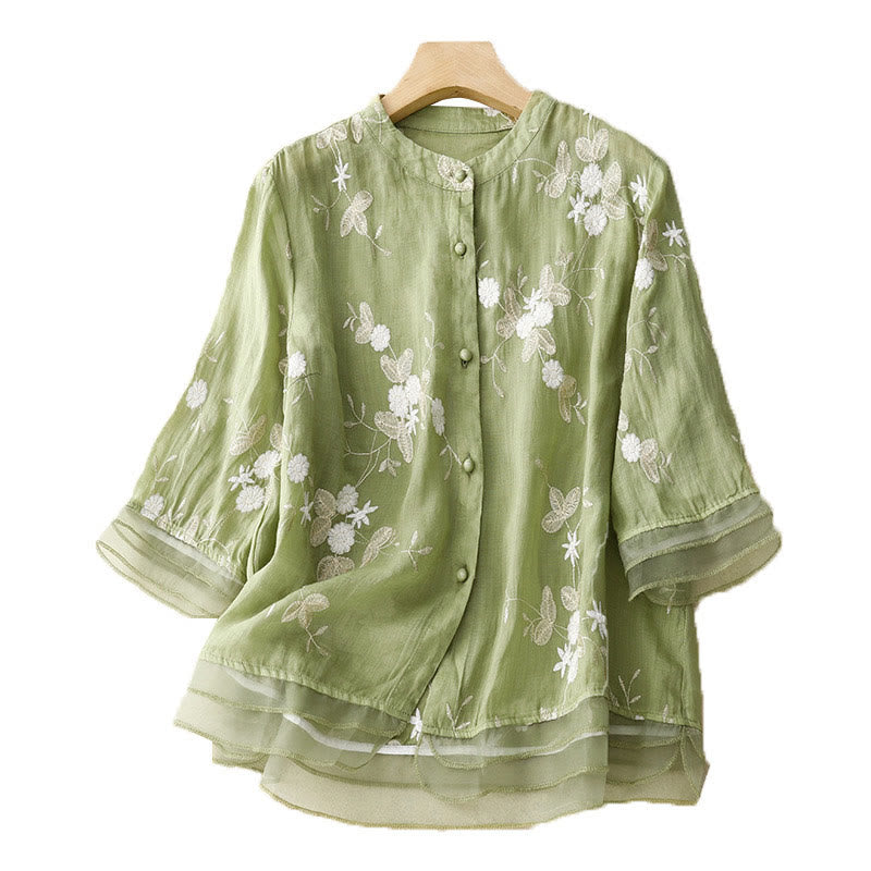 Casual Embroidered Petals Spliced Organza Women's Crew Neck Design Half Sleeve Cotton Cardigan Shirt