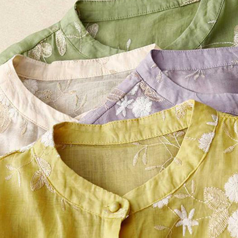 Casual Embroidered Petals Spliced Organza Women's Crew Neck Design Half Sleeve Cotton Cardigan Shirt