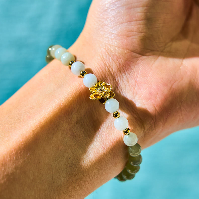 Natural Gradient Hetian Jade and Copper Lotus Beaded Bracelet
