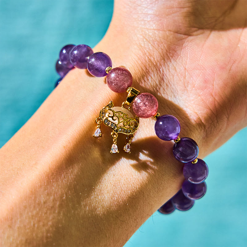 Natural Amethyst, Strawberry & Clear Quartz Beaded Bracelet with Copper Longevity Lock Charm