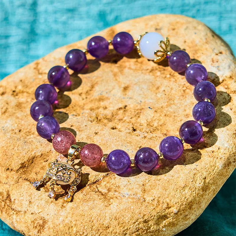 Natural Amethyst, Strawberry & Clear Quartz Beaded Bracelet with Copper Longevity Lock Charm