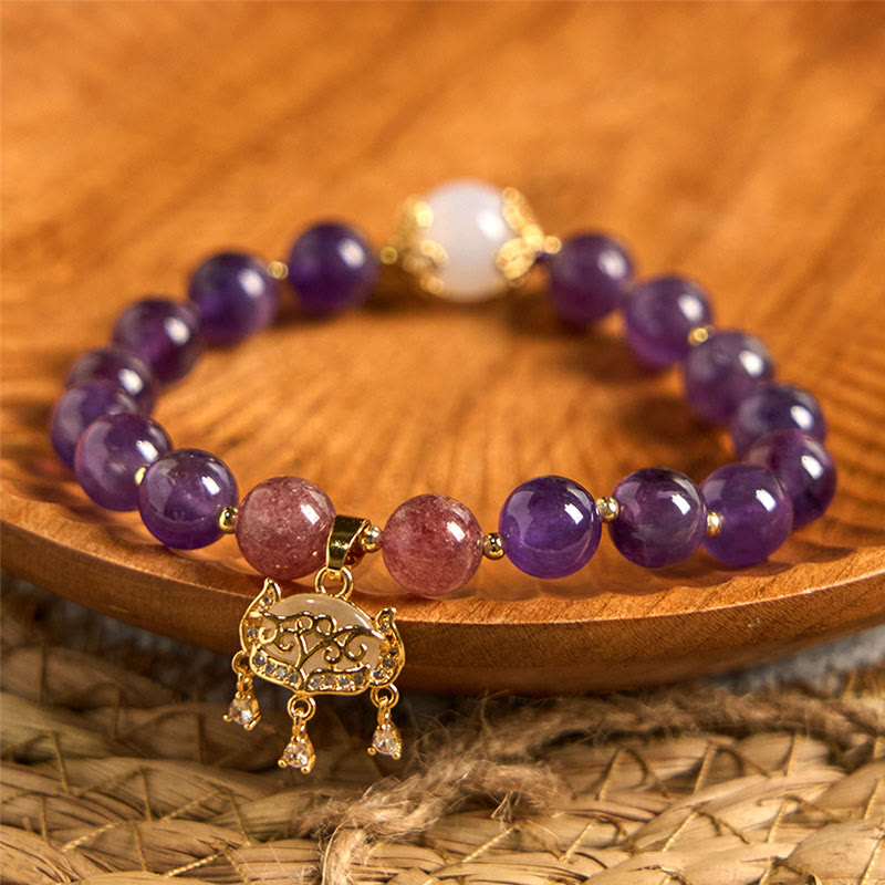 Natural Amethyst, Strawberry & Clear Quartz Beaded Bracelet with Copper Longevity Lock Charm