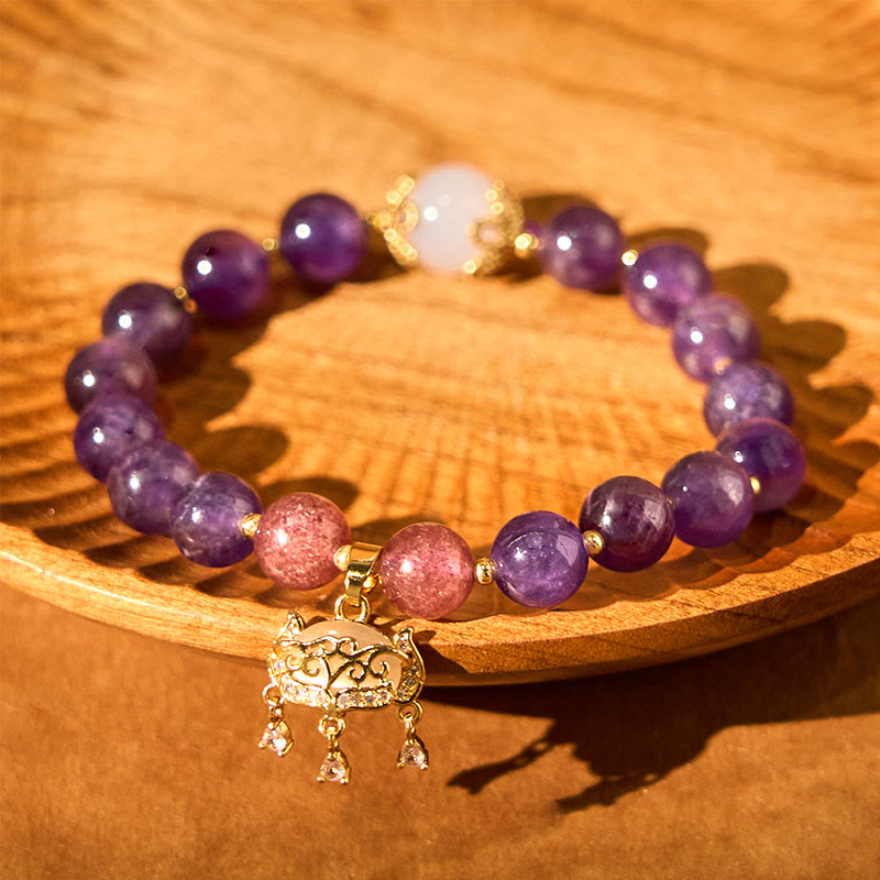 Natural Amethyst, Strawberry & Clear Quartz Beaded Bracelet with Copper Longevity Lock Charm