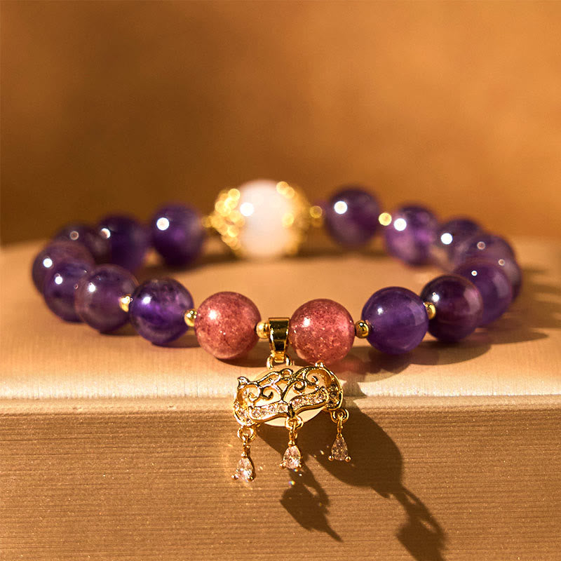 Natural Amethyst, Strawberry & Clear Quartz Beaded Bracelet with Copper Longevity Lock Charm