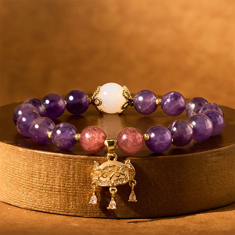 Natural Amethyst, Strawberry & Clear Quartz Beaded Bracelet with Copper Longevity Lock Charm