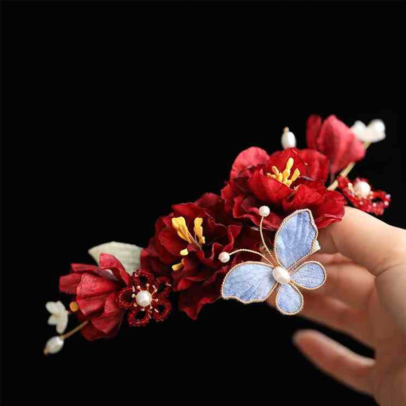 Handcrafted Copper Red Flower and Butterfly Chinese Wedding Hair Clip