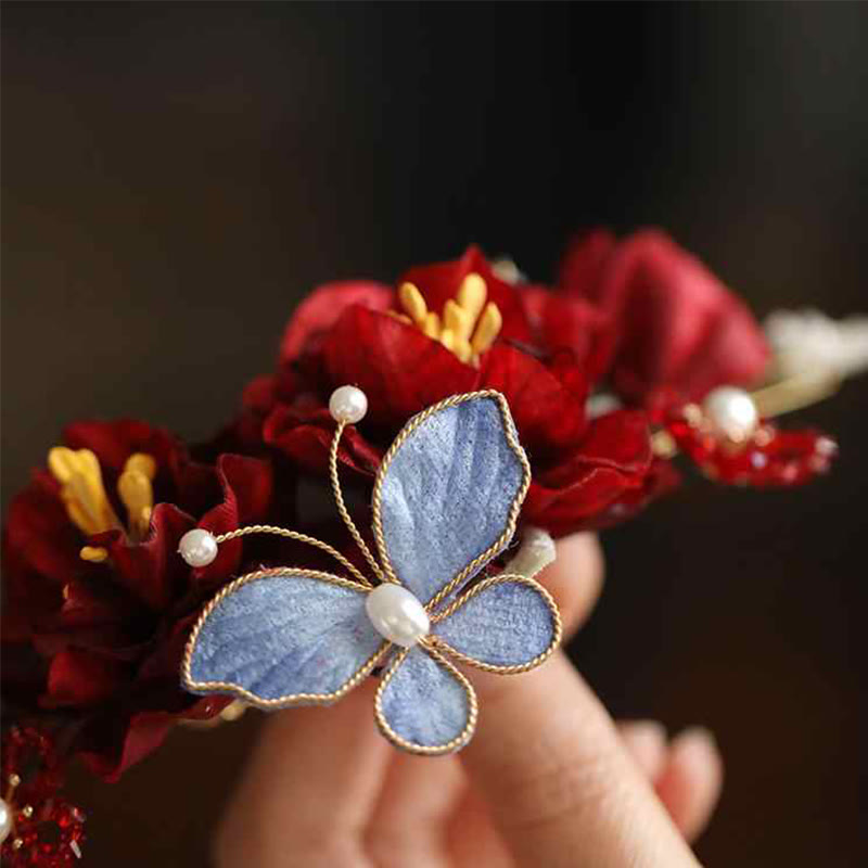 Handcrafted Copper Red Flower and Butterfly Chinese Wedding Hair Clip