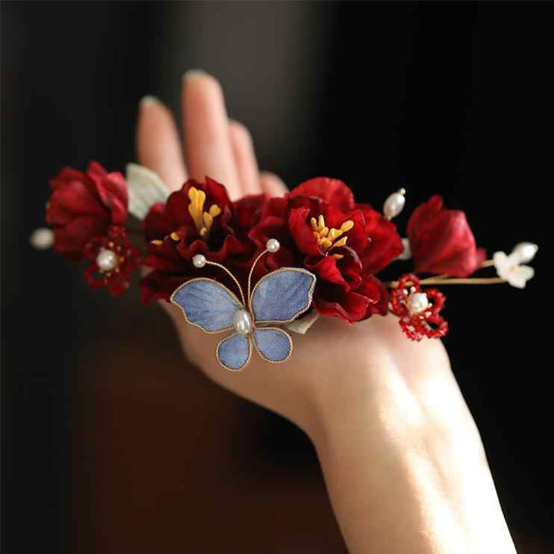 Handcrafted Copper Red Flower and Butterfly Chinese Wedding Hair Clip