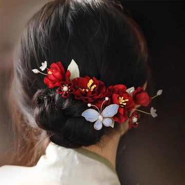 Handcrafted Copper Red Flower and Butterfly Chinese Wedding Hair Clip