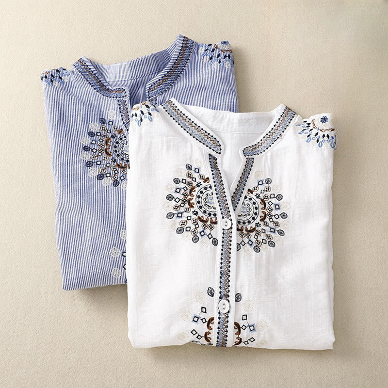 Cotton Linen Embroidered V-Neck Mindful Lounge Shirt