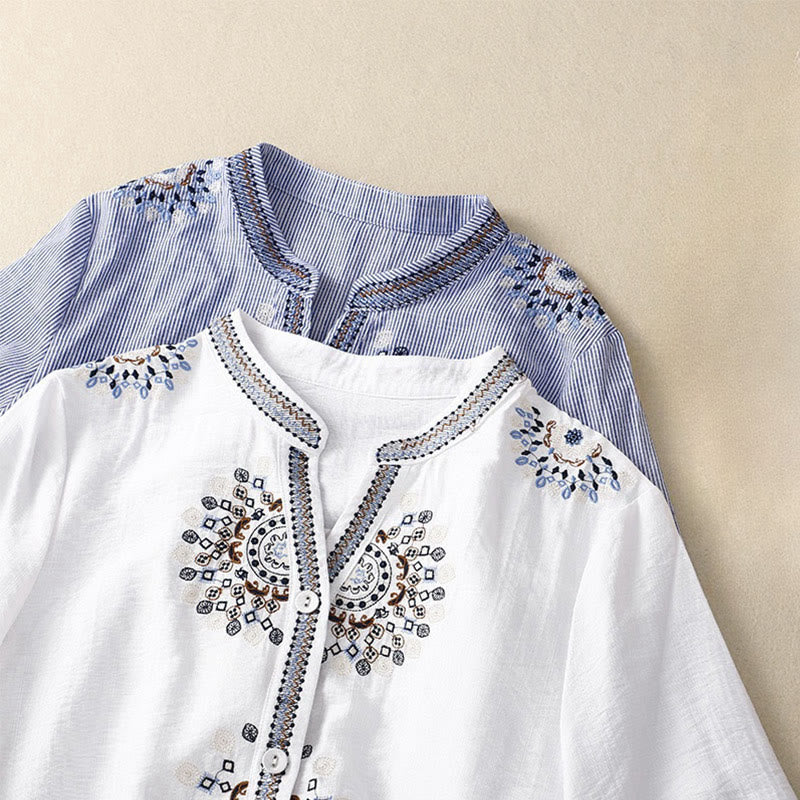 Cotton Linen Embroidered V-Neck Mindful Lounge Shirt