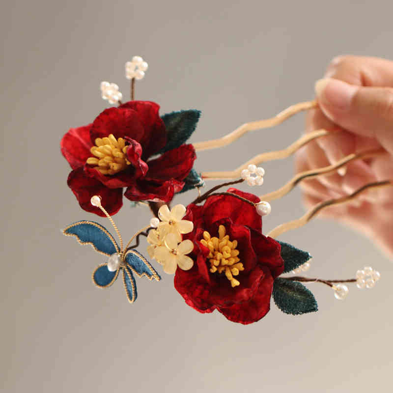Chinese Style Red Camellia Butterfly Hair Clip Hair Comb Hairpin Barrette Accessory